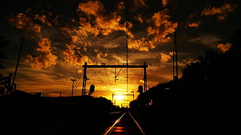 train railways, orange skies, fiery sunset, railway tracks, power lines, silhouette, sunset sky, train tracks, railway silhouette, sunset railway, power line silhouette