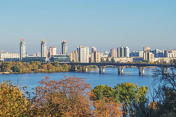 Paton Bridge, Kyiv skyline, Dnieper River, autumn landscape, vibrant autumn, Kyiv Ukraine, cityscape photography, urban landscape, river view, bridge photography, fall colors