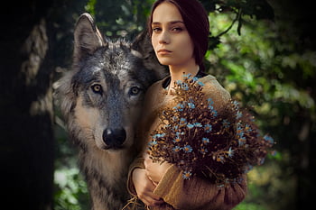 dívka, vlk, princezna, Příroda, krásné květiny, květinové tapety, květinové pozadí, květiny, fantazie, pohádka, sama