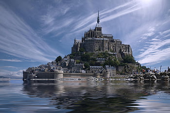 hnědý hrad, mont saint-michel, historický hrad, malebný výhled, vodní odraz, jasná obloha, historické architektury, středověká pevnost, scénické krajiny, Francie, Pobřežní památka