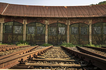 railroad tracks, vintage railway station, rustic tracks, abandoned tracks, aged sheds, rusted sheds, railway station, train tracks, old tracks, industrial architecture, railway history