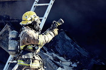 firefighter, water hose, full gear, fighting fire, courage, safety, fire scene, protective equipment, emergency response, ladder, smoke