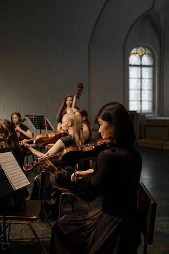 church interior, orchestral music, violin, cello, musicians, performance, stained glass, concert, ensemble, indoor, classical music