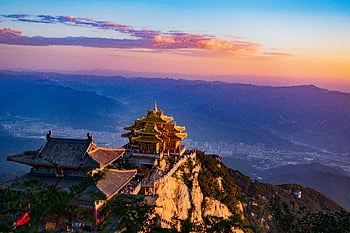 Temple du mont Laojun, vue aérienne, le coucher du soleil, Montagnes chinoises, temples, sommet de la montagne, Stupéfiant, paysage pittoresque, architecture traditionnelle, beauté naturelle, héritage culturel