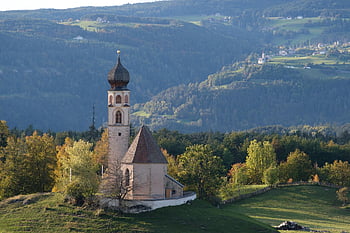 budova, věž, kupole, les, stromy, hora, seiser alm, schlern, bozen, dolomity, krajina