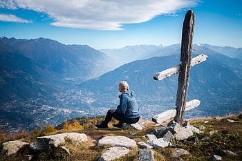 woman, hiking, mountain, girl, person, blond, rocks, trekking, peak, top, outdoors