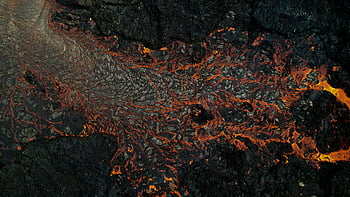 aerial view, magma flow, volcano, lava flow, dark volcanic rocks, Iceland, stunning aerial shot, volcanic landscape, natural phenomenon, volcanic eruption, lava field