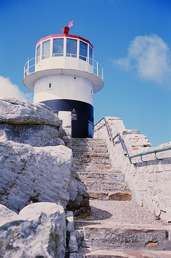 mercu suar, kota tanjung, Afrika Selatan, jalur pemandangan, Mercusuar Bersejarah, langit biru jernih, tangga batu, pemandangan pantai, tengara maritim, Navigasi Beacon, garis pantai berbatu