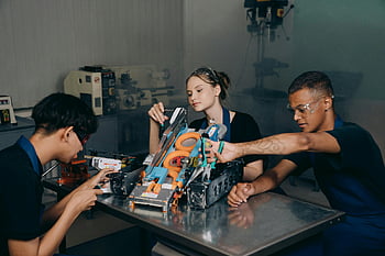 students, robotics project, educational lab, assembling, teamwork, technology, engineering, learning, collaboration, science, education