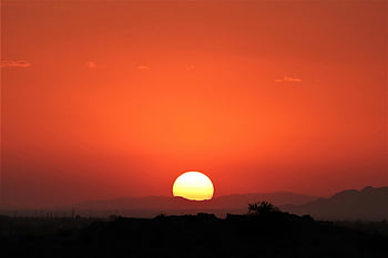západ slunce, hory, Phoenix arizona, poušť, Závalná oranžová obloha, siluety, pohled, dech beroucí, Příroda, krajina, večer