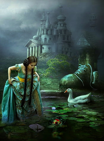 princess, swan, pond, fish, shoes, castle, fairy Tale, play, grass, house, garden