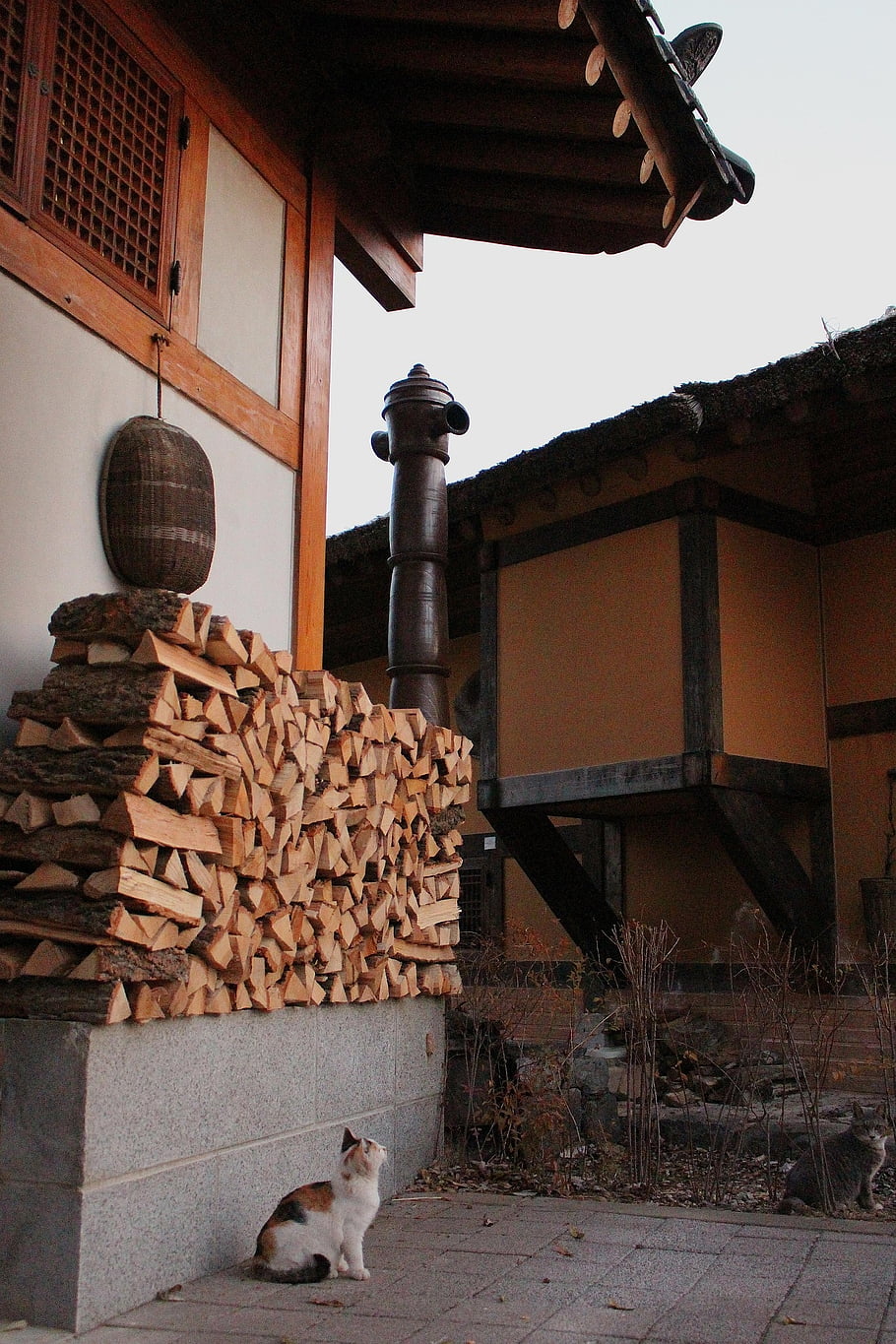 venkov, hanok, vesnice, tradiční, yard, nebe, zimní, osamělý, sama, kamna, kuchyně