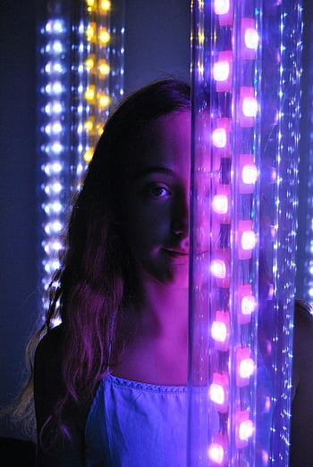 girl, neon lights, colorful LED, moody atmosphere, portrait, illuminated, middle, vibrant, lighting, night, glow