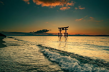torii, lake, sunrise, nature, waves, small Waves, coast, lakeshore, sun, sunlight, dawn