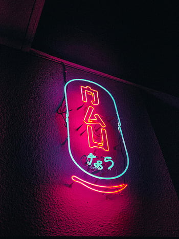 neon sign, blue and red signage, vibrant neon, colorful glow, dark wall, night scene, illuminated sign, neon lighting, glowing sign, night signage, neon art