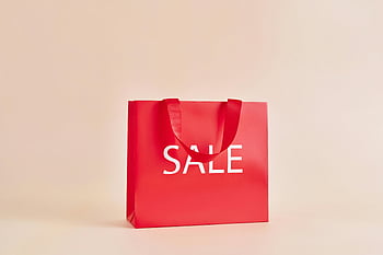 Červený papírový sáček, prodej znamení, Minimalistický obrázek, neutrální pozadí, marketing, Červený prodejní taška, nákupní taška, Propagační položka, Maloobchodní marketing, Propagace prodeje, zobrazení produktu