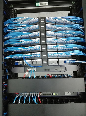 datacenter, internet, networking, server rack, blue cables, patch panel, switches, hardware, IT infrastructure