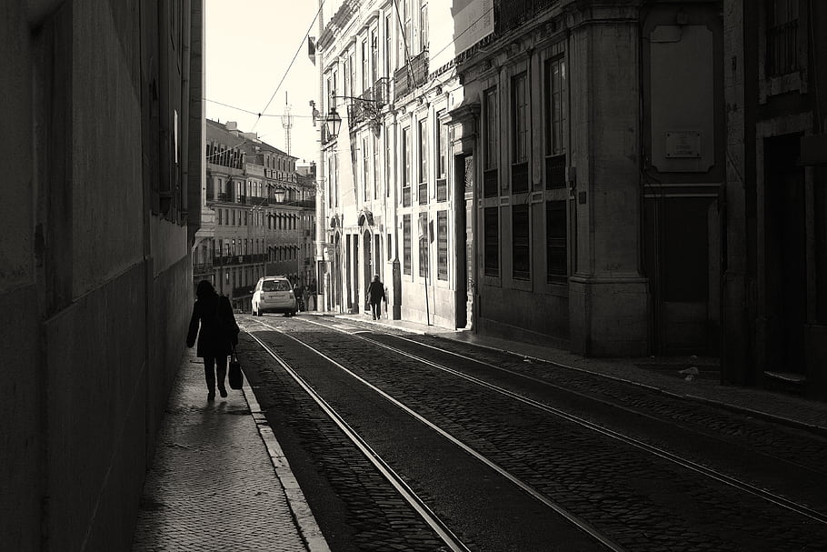 Lisbon, Portugal, tram tracks, shadows, black and white, street candid, architecture, baroque architecture, early morning, cityscape, urban