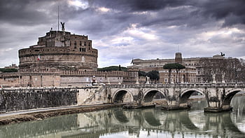 castel sant'angelo, řeka tiber, Řím, klasická budova, Architektonická fotografie, dramatické nebe, pohled, Itálie, historické památky, nábřežní architektura