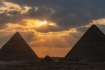 pyramidy v Gíze, západ slunce, světového dědictví UNESCO, historické kouzlo, Egypt, mraky, nádherný výhled, dávná historie, pouštní krajina, sluneční paprsky