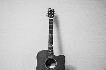 acoustic guitar, grayscale photography, musical instrument, black and white, guitar strings, guitar body, guitar neck, guitar headstock, guitar sound hole, guitar frets, guitar tuning pegs