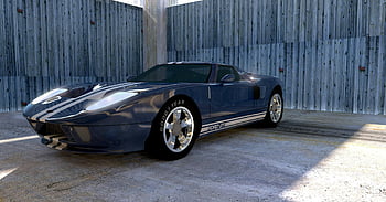 Blue Sport Car, Blue Ford GT, racing stripes, sunlit garage, wooden walls, sports car, garage interior, Ford GT, racing car, car photography, automotive design