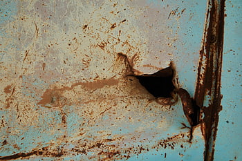 rusty metal, metal surface, hole, close-up, rusty blue metal, worn metal, noticeable hole, rusted surface, metal texture, blue metal, rusted blue