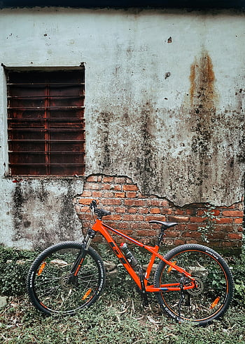 bicicletta arancione, casa abbandonata, muro esposto alle intemperie, mattoni esposti, casa in rovina, bicicletta arancione brillante, vecchio edificio, muro rustico, scena all'aperto, bicicletta contro il muro, casa abbandonata in rovina