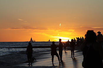 persoon, silhouet, pret, gelukkig, zon, avond, zonsondergang, vakantie, strand, zee, zomer