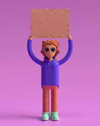 3D character, blank cardboard sign, purple background, colorful art, fun artwork, conceptual design, dude with sign, cartoon figure, modern illustration, playful image, vibrant colors