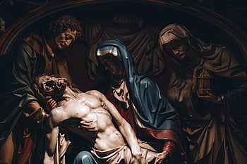 Jesus Christ, Virgin Mary, classical sculpture, emotional depiction, religious art, detailed sculpture, Christian art, religious figures, sacred art, pieta, religious sculpture