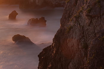 cliffs, rocks, sea, coast, sunset, light, nature