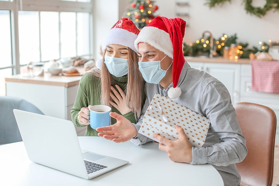 Vánoce, pár, Dovolená, covid-19, tvář, maska, koronavirus, santa, čepice, zoom, volání