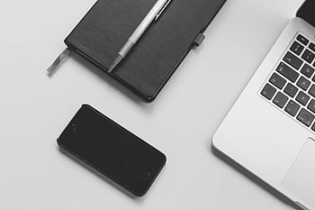 Black iPhone 5, MacBook Pro, black notebook, pen, smartphone, laptop, white desk, business themes, tech themes, clean desk, office setup