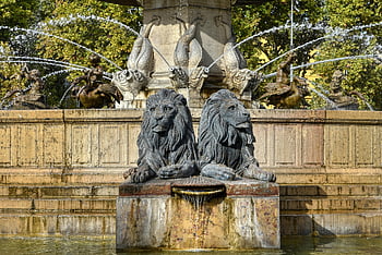 fontána, sochy lva, park, Lion sochy, Příroda, voda, sochy