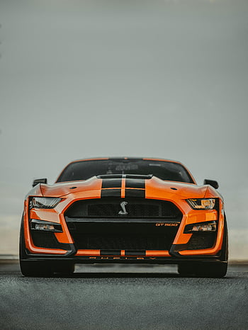 Ford Mustang GT500, Závalná oranžová, čelní pohled, Shelby GT500, Jasný den, fotografování automobilů, automobilového průmyslu, sportovní auto, výkonné vozidlo, klasické auto, závoďák