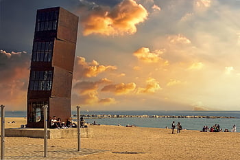 strand, tengerpart, napnyugta, emberek, turisták, épület, ünnep, vakáció, homok, természet, tenger