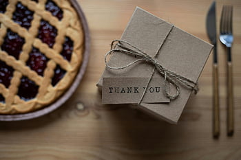 cardboard present box, postcard, thank you gift, cherry pie, rustic table, celebrations, gift box, thank you card, rustic thank you, gift presentation, table setting