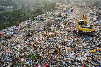 landfill, aerial shot, waste management, pollution issues, South Tangerang, drone photography, environmental impact, garbage dump, waste disposal, ecological problem, excavator operation
