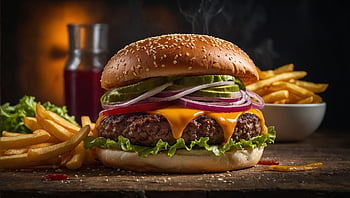 cheeseburger, hamburger, food, snack, product, tomato, lettuce, meat, restaurant, appetite, burger