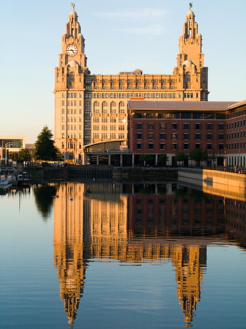 Liverpool, královské jaterní budovy, Příroda, nábřeží, město, Anglie, budova, architektura, mezník, odraz, voda