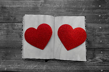 notebook, decorative paper hearts, red glitter hearts, open notebook page, rustic wooden background, Valentine's Day concepts, romantic, love, heart shapes, festive, notebook design