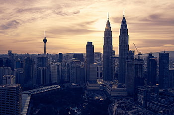 Skyline Kuala Lumpur, věže Petronas, západ slunce panoráma, cestovní fotografie, nadšenci architektury, kultovní památky, městské krajiny, Malajsie cestování, západ slunce, architektura města, destinace