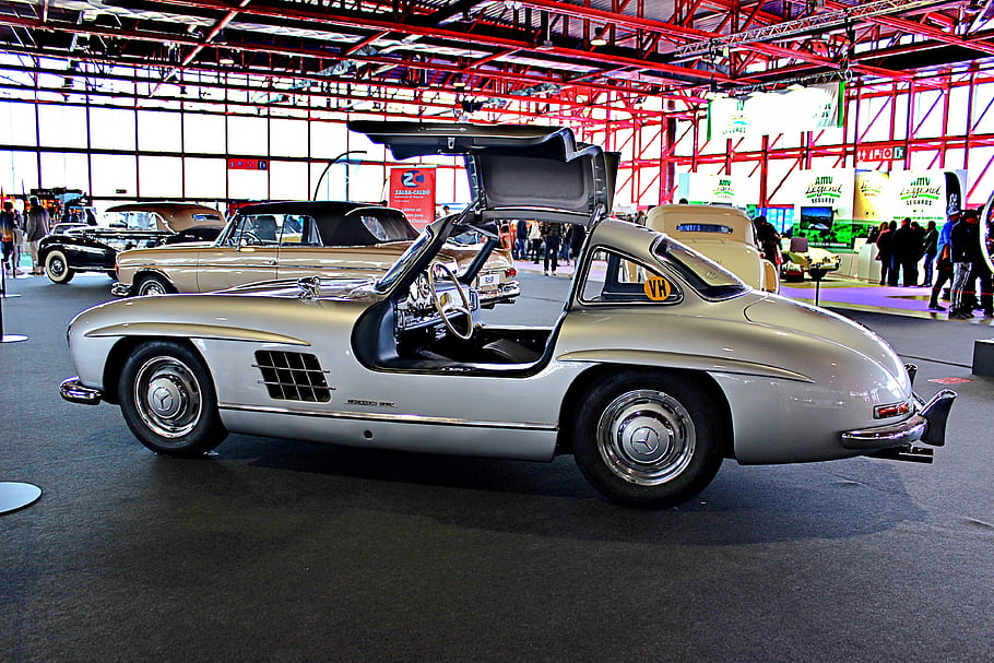 Mercedes Benz, 300 SL, gull wing, classic car, silver, exhibition, indoor, vintage, automobile, design, show