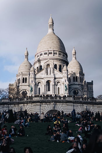 bazilika Sacre Coeur, Paříž, Francie, návštěvníků, slunečný den, Majestátní architektura, kupole, mezník, montmartre, turistů, prohlížení památek