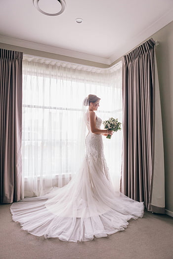 white bouquet, flowers, woman, bridal dress, white wedding gown, bride, indoors, window, wedding, bridal bouquet, wedding dress