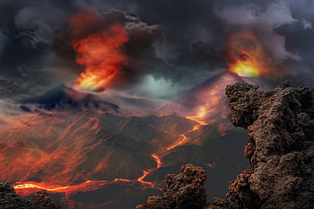 landscape, volcanoes, eruption, fantasy, wash, nature, smoke, clouds, ash, geology, volcanic