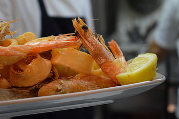 jídlo, Příroda, plody moře, smažená kreveta, Smažené kalamáry, smažené olihně, smažená ryba, citrón, smažený, krevety, oliheň