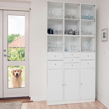golden retriever, glass door, modern home, sleek glass cabinet, white wooden cabinet, closed cabinet, indoor scene, pet looking in, home interior, glass shelves, white drawers