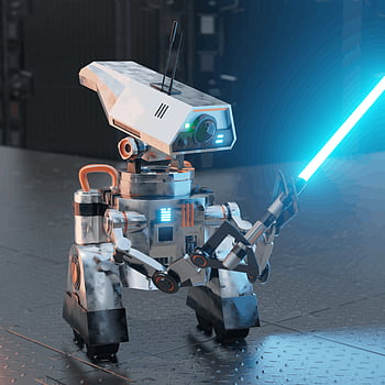 robot, oplyst genstand, glødende energisværd, Futuristisk omgivelse, High-Tech Robot, avanceret teknologi, sci-fi, energiblad, Robotdesign, Fremtidig teknik, Sci-Fi Robot